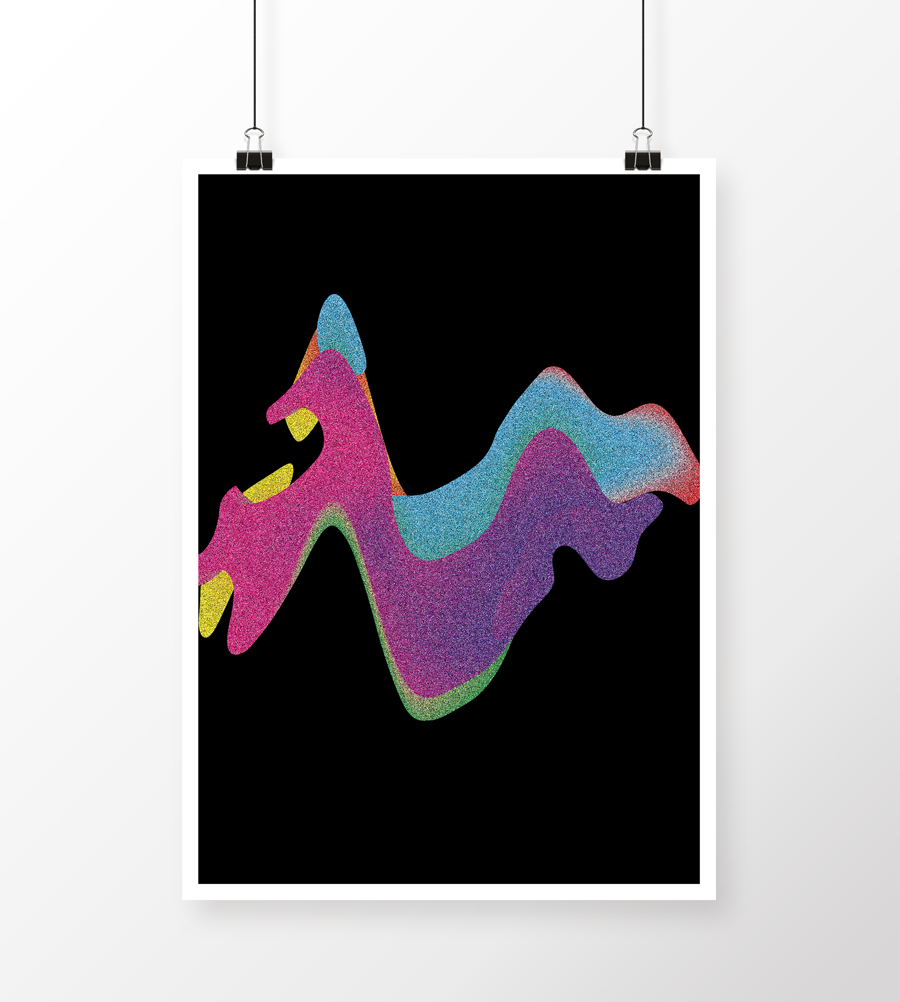Aiko Graphic_bølgemønster Plakatdesign med nogle farverige bølger med lidt glimmereffekt