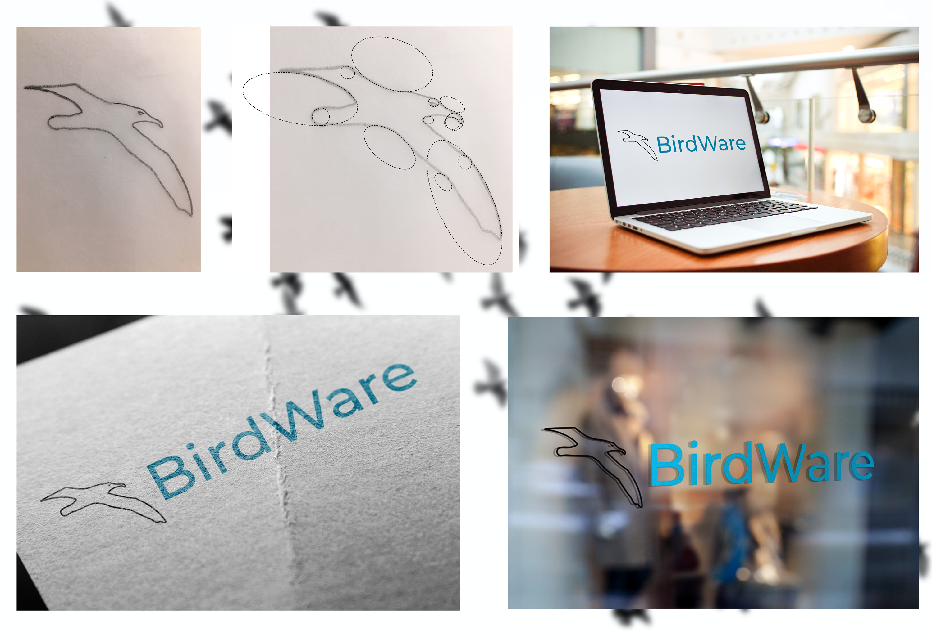 Aiko Graphic_BirdWare-proces Skitse, grid og arbejdsproces med BirdWare logoet