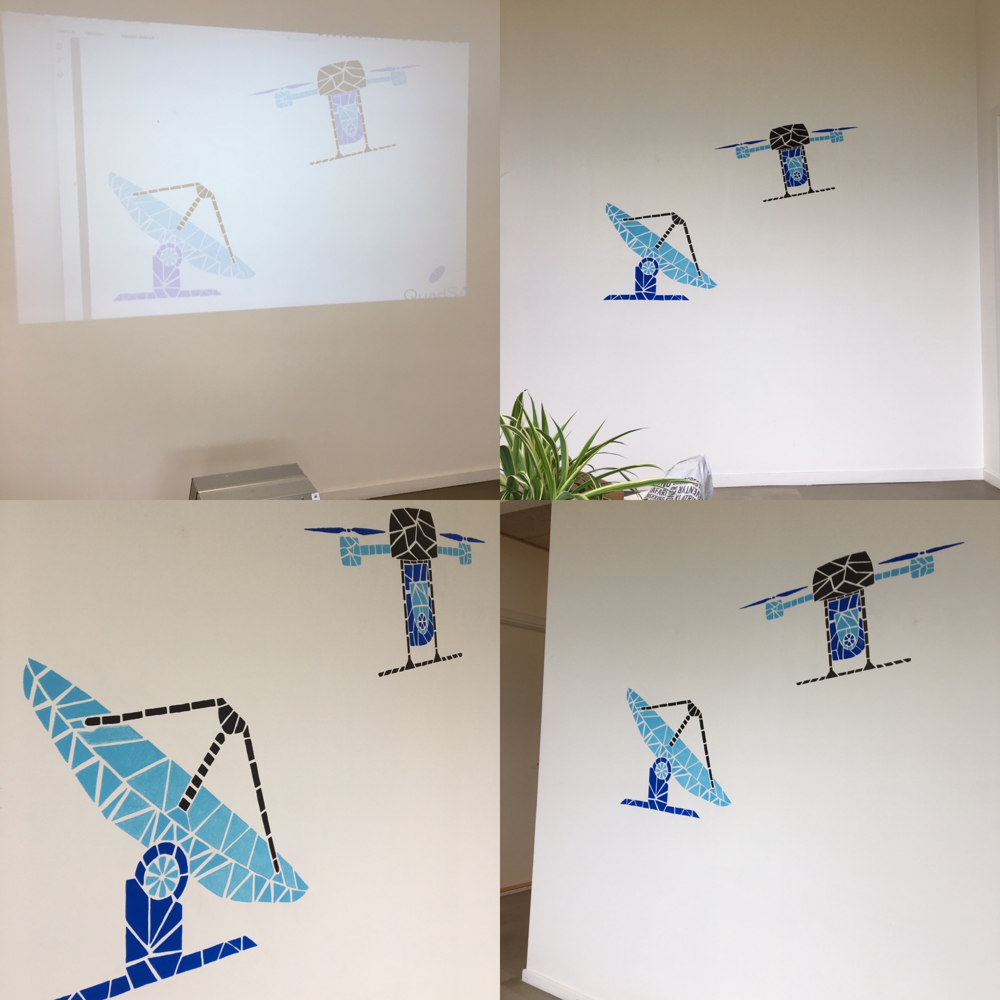 Aiko Graphic_QuadSAT Vægdekoration af en antenne og drone designet af mange små trekanter.